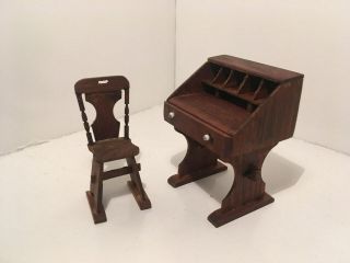 Vintage Dollhouse Miniatures Wooden Desk & Chair Set 4