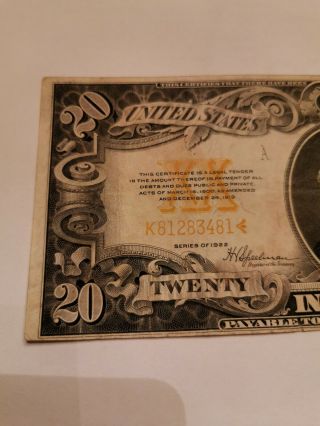 Rare Old 1922 Large Size $20 Twenty Dollar Gold Certificate US Treasury Note 2