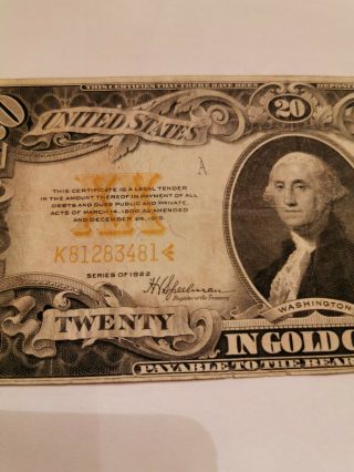 Rare Old 1922 Large Size $20 Twenty Dollar Gold Certificate US Treasury Note 3