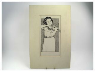Antique Art Deco Pen & Ink Drawing Portrait Of A Lady Playing The Violin