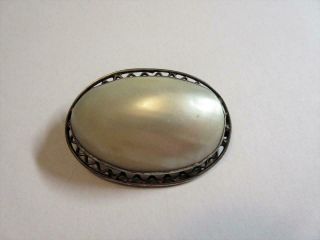 Antique Edwardian Large Mother Of Pearl Solid Silver Brooch,  Pin