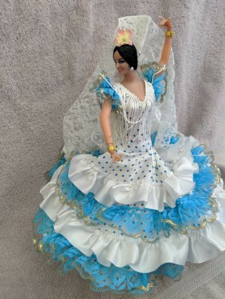 12 " Tall Vintage Marin Chiclana Flamenco Doll Dancer Spain White And Blue