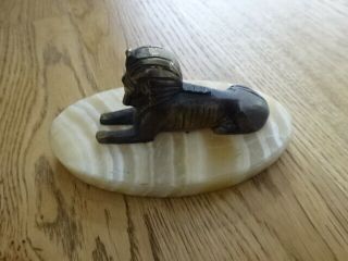 Vintage Antique Sphinx Egyptian Bronze Cat Figure Marble Onyx Base Paperweight