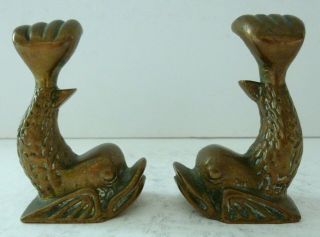 Antique Brass Dolphin Sea Serpent Fish Table Menu Holder Sculpture Malta Pair