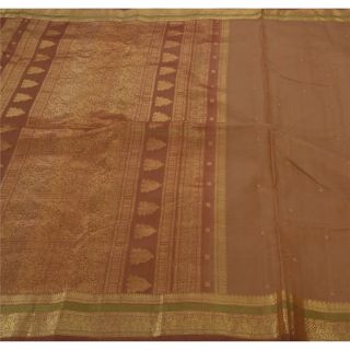 Tcw Vintage Saree Pure Silk Woven Brown Brocade Craft Fabric 5 Yd Sari