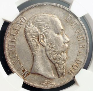 1866,  Mexico (empire),  Maximilian I Of Austria.  Rare Silver Peso Coin.  Ngc Au55