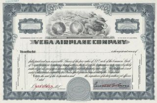 Vega Airplane Company Specimen Stock Certificate Rare Early Aviation 1930 