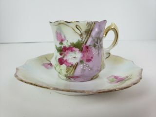 Antique Miniature Tea Cup And Saucer Hand Painted Pink Flowers Delicate Gorgeous