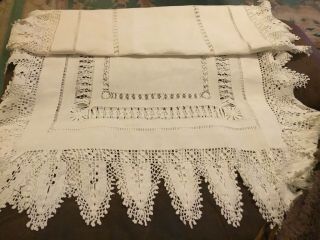Vintage Pulled Thread Work Cotton Table Runner With Handmade Lace