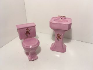 Vintage Dollhouse Miniatures Pink Porcelain Sink & Toilet Set 55