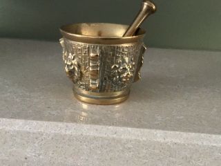 Vintage Solid Brass Mortar & Pestle Old Kitchen Herbs Apothecary Lion