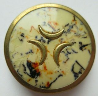 Awesome Xl Antique Vtg Celluloid & Metal Button W/ Crescent Moons 1 - 1/2 " (n)