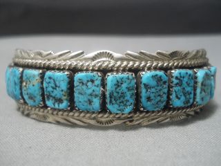 Very Rare Vintage Navajo Squared Turquoise Sterling Silver Bracelet Old