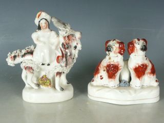 Antique Staffordshire Pottery Spaniels And Goat Group 19thc