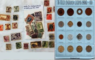 1901 - 70 British India 16 Different Coins,  25 Stamps Old Antique Wwii Kgv V1 Set