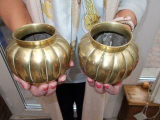Pair Oriental Vintage Brass / Bronze Bulbous Temple Jars Character Marks To Base