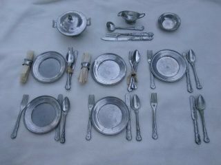 Vintage Miniature Dining Set Silverplate Pewter Unmarked