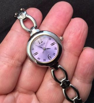 Vintage Guess Ladies Silver Tone Quartz Watch With Purple Face