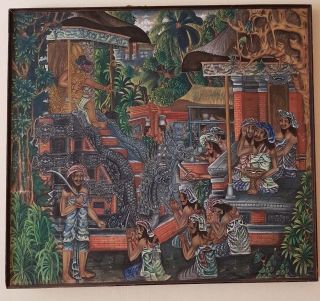 Vintage Bali Ubud Painting Big Size Natural Ink 33.  5 " X 37.  5 " Signed Rare