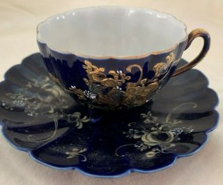 Antique Vintage Tea Cup And Saucer - Dark Blue With Gold Design And Trim