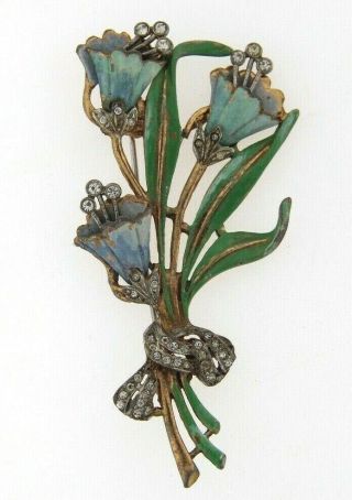 Large Antique Vintage Blue Enamel Lily And Rhinestone Costume Jewelry Brooch / P