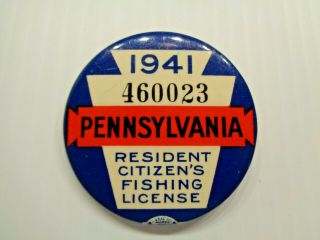 1941 Pennsylvania Fishing License Button With Paper License