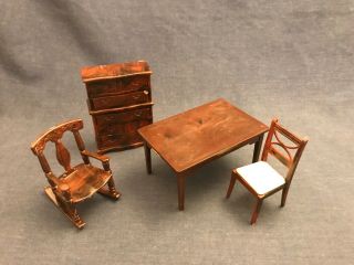 Vintage Renwal Doll House Brown Furniture Dining Table Rocking Chair Dresser