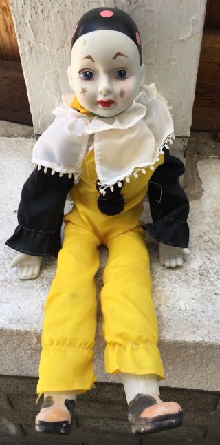 Vintage Porcelain Clown W/ Clothes Yellow And Black 17 " Doll