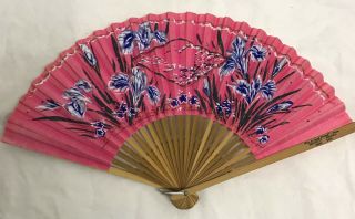 Vtg Oriental Hand Painted Pink Flower Japan Paper Bamboo Wood Folding Sensu Fan