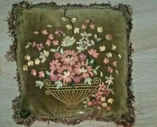 Vintage Decorative Ribbon Embroidery Throw Pillow 13x13