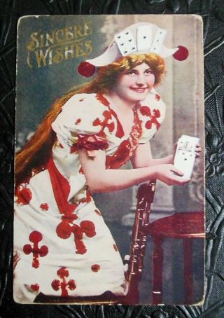 Young Lady/playing Card Clubs On Dress Holds Playing Cards - Antique Vtg Postcard