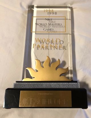 Vintage 1998 Nike World Masters Games World Partner Lucite Trophy Very Rare