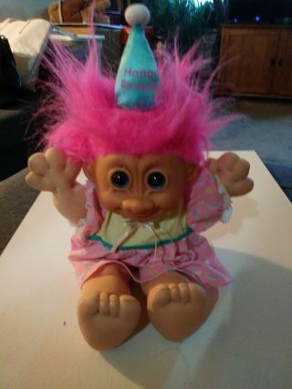 Vintage Russ Troll 12 " Pink Hair Happy Birthday W/dress Blue Eyes Soft Body Doll