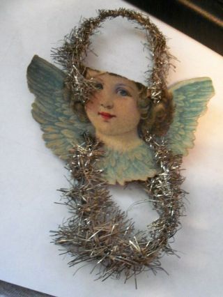 Antique Tinsel Wrapped Christmas Ornament Angel Girl With Wings Die - Cut Card