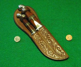 Vtg Sheath Blade Hunt Usa Robeson Rare Amber Knife Set 1 Orig Fold Leather Case