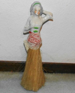 Vintage Antique Vanity Half Doll Porcelain Clothes Brush Whisk Broom 8 1/3 