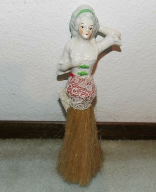 Vintage Antique Vanity Half Doll Porcelain Clothes Brush Whisk Broom 8 1/3 