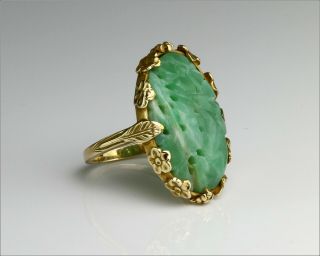 Rare Vintage 14k Solid Yellow Ornate Gold & Carved Jade Ring - Small Size 4.  75