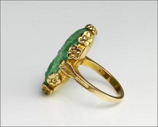 Rare Vintage 14k Solid Yellow Ornate Gold & Carved Jade Ring - Small Size 4.  75 2