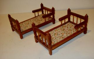 2 Vintage Miniature Dollhouse Single Wooden Beds