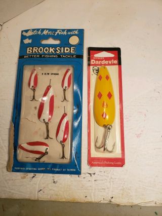 Nos Daredevil Brass Back And Brookside Package Of Red/white Spoon Fishing Lures