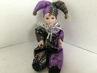 Small Clown Jester Doll Porcelain Painted Face Hands Feet Cloth Body 8” Tall