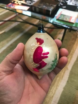 Antique Old Vintage Hand Painted Skier Pointed Glass Christmas Tree Ornament 2