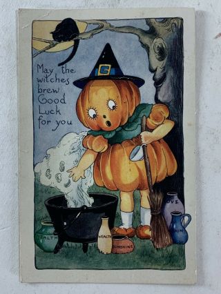 Antique Halloween Postcard Embossed Witches Brew Good Luck Pumpkin Black Cat