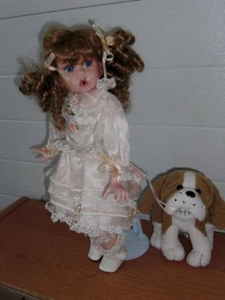 Unbranded Vintage 14 " Porcelain Surprised Doll And Dog