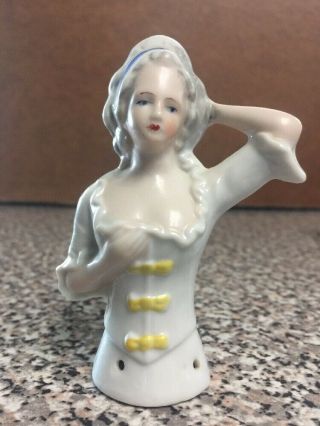 Antique Vintage 4” German Porcelain Pincushion Half Doll Separate Arm