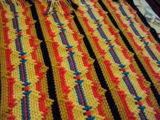 Vintage Hand Crocheted Southwest Pattern Afghan Gold/teal/orange/black Fringe