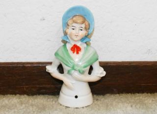 Antique Blue Bonnet Girl Porcelain Pin Cushion Half Doll - Germany 2352 - 3 1/2 "