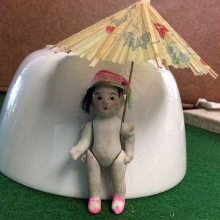 Vintage Antique Tiny Miniature Porcelain Bisque Doll Jointed 2.  5”