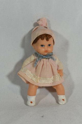 Vintage Shackman Miniature Rubber Baby Doll 2 3/4 " Jointed Girl In Pink Exc Cond